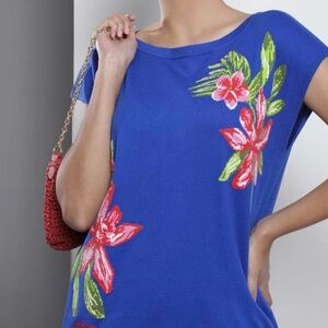 Tommy Hilfiger  Women Blue Boat Neck Floral Pattern‎ Sweater Top Size XL